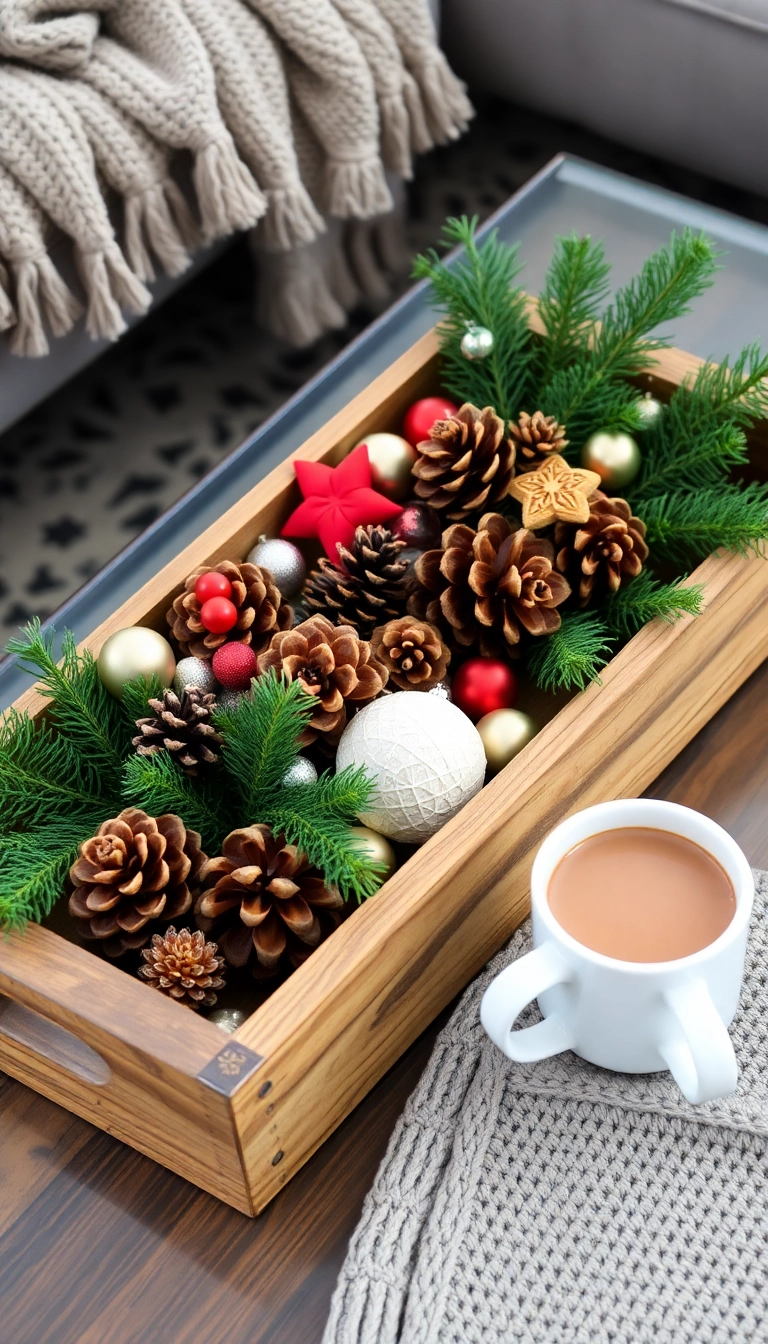 21 Christmas Coffee Table Decor Ideas That Will Have Your Guests Raving! - 1. Rustic Wood and Pinecone Centerpiece