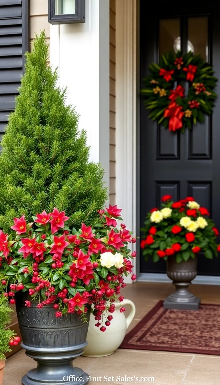 21 Stunning Christmas Front Porch Decorations That Will Make Your Neighbors Jealous! - 14. Seasonal Planters