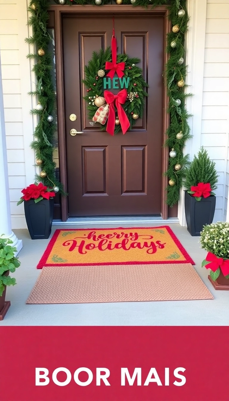 21 Stunning Christmas Front Porch Decorations That Will Make Your Neighbors Jealous! - 7. Holiday Door Mats