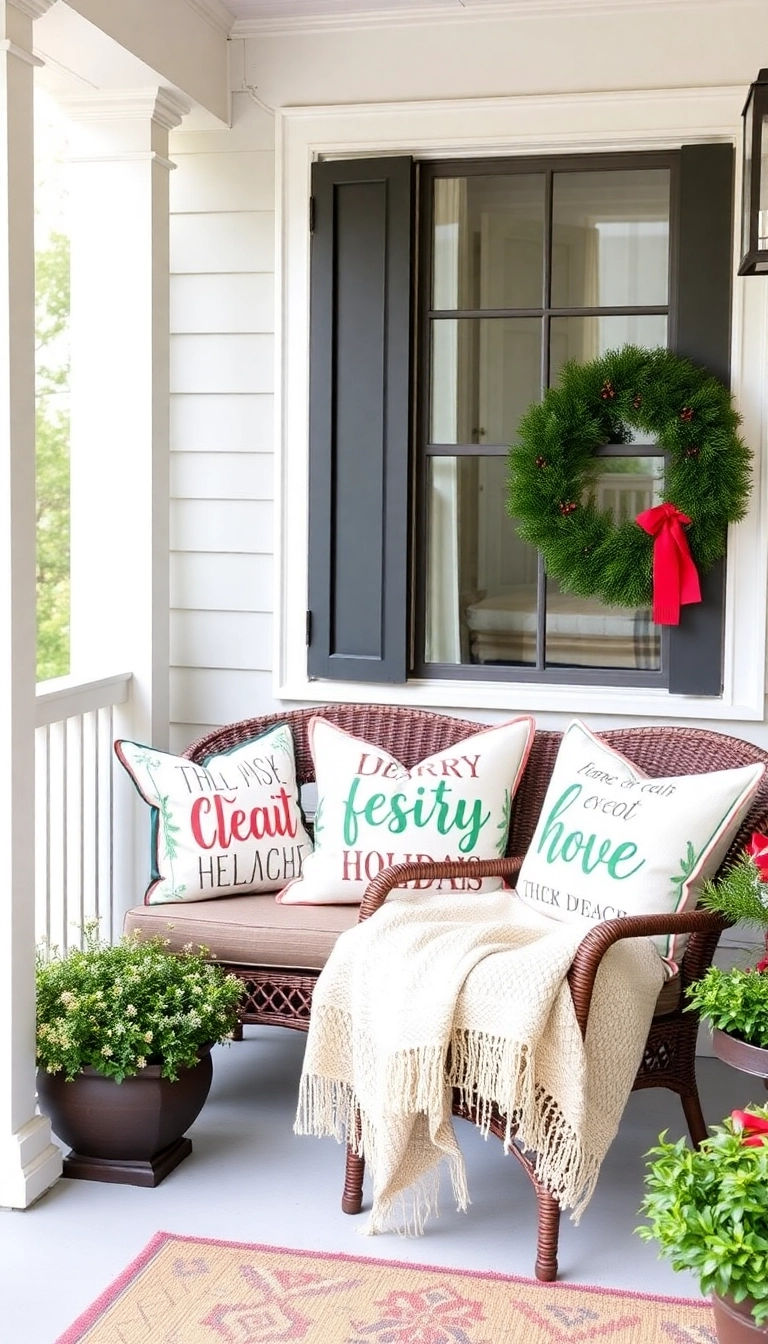 21 Stunning Christmas Front Porch Decorations That Will Make Your Neighbors Jealous! - 16. Holiday-Themed Throw Pillows