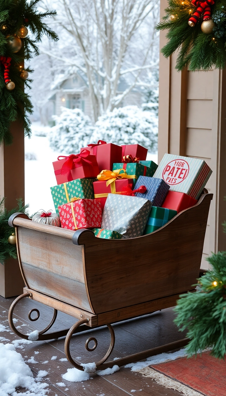 21 Stunning Christmas Front Porch Decorations That Will Make Your Neighbors Jealous! - 4. Sleigh Full of Gifts