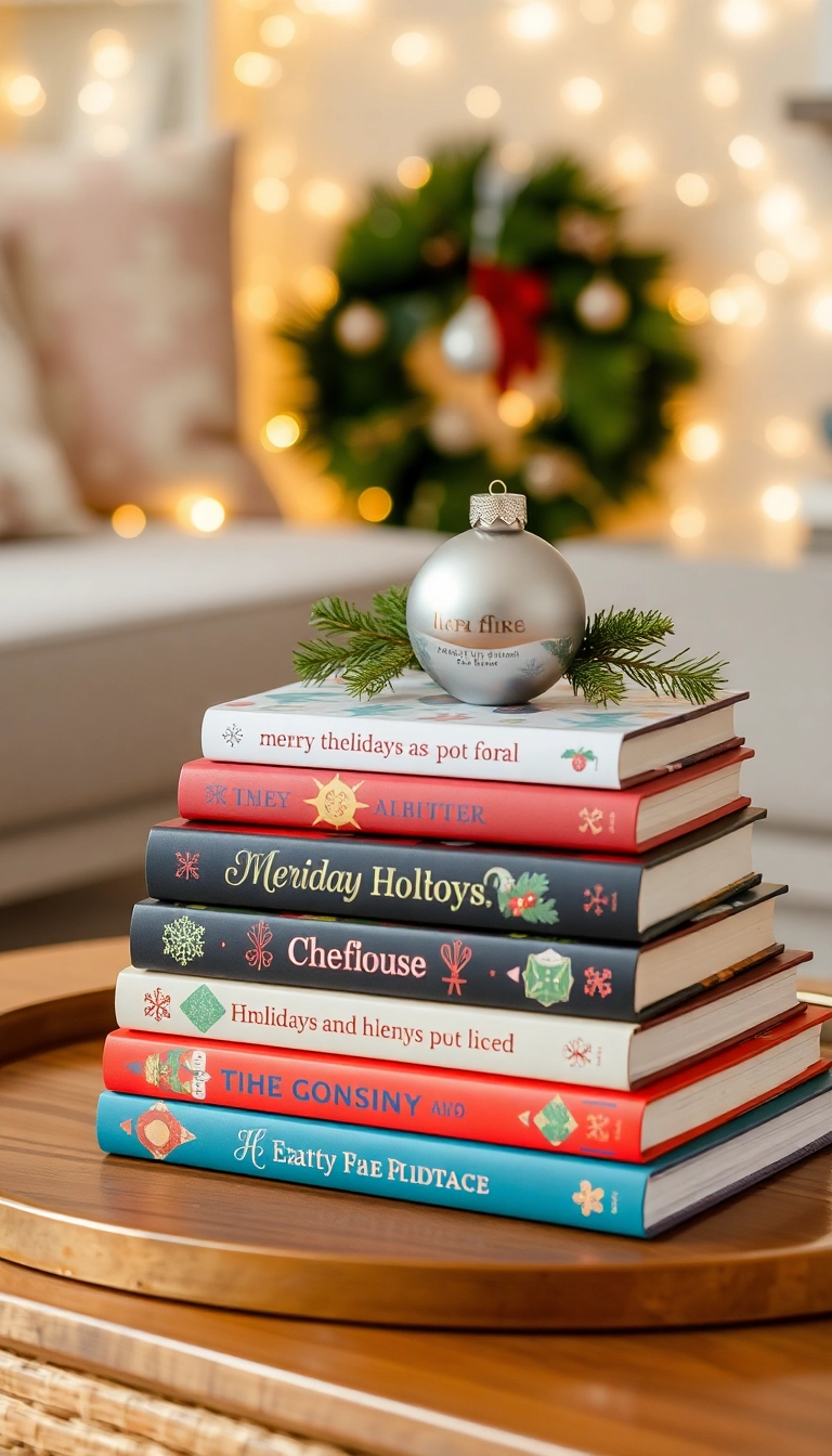 21 Christmas Coffee Table Decor Ideas That Will Have Your Guests Raving! - 5. Holiday-Themed Books Stack