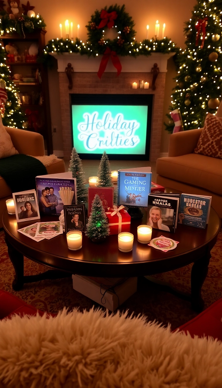 21 Christmas Coffee Table Decor Ideas That Will Have Your Guests Raving! - 21. Themed Holiday Movies Display