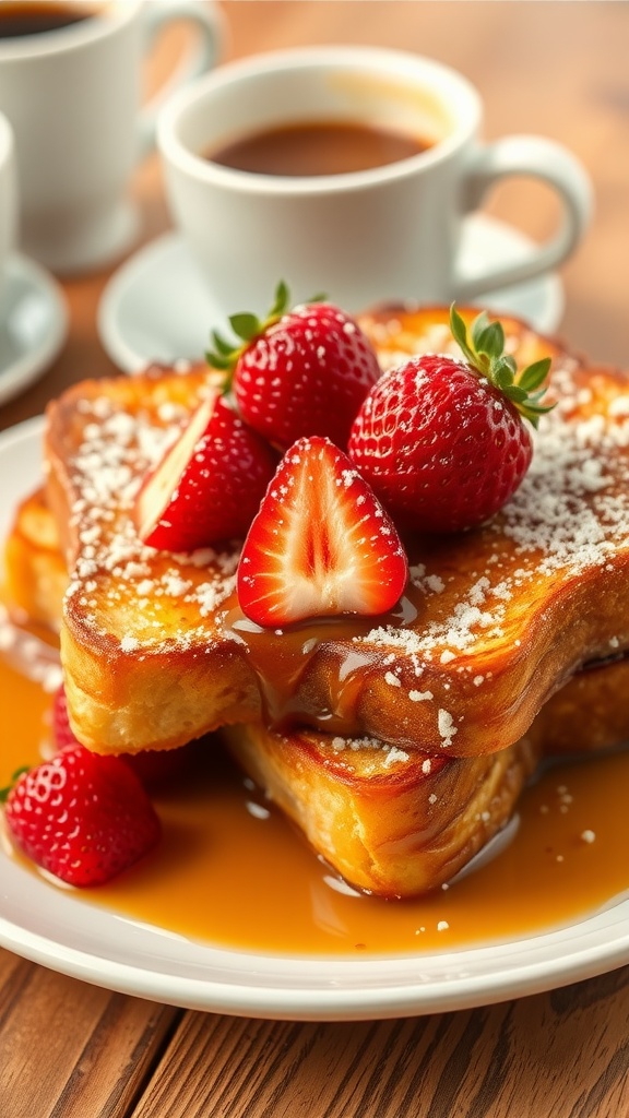 Golden-brown French toast with strawberries and maple syrup on a plate.