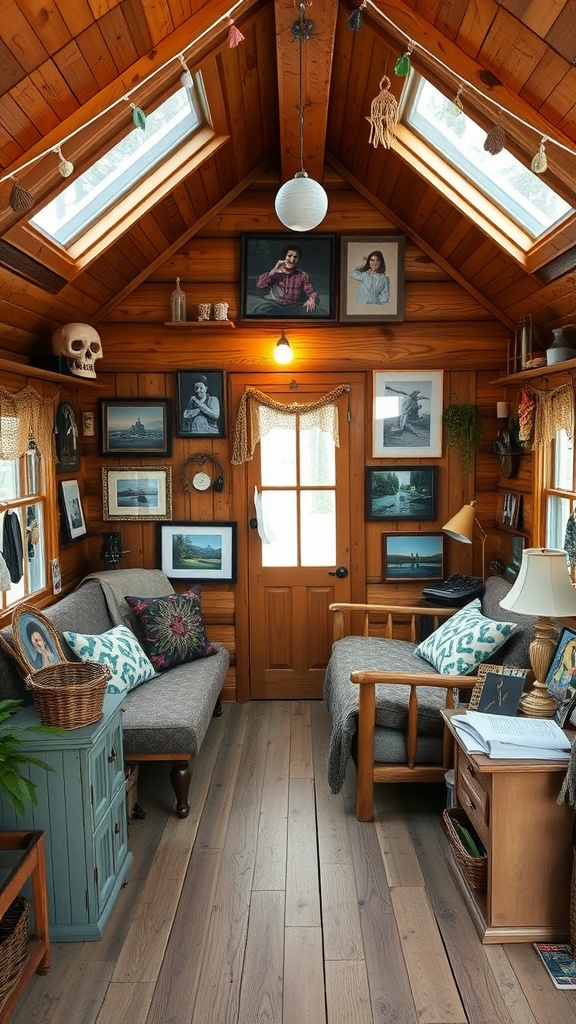 Cozy cabin interior with personal decor and furniture.