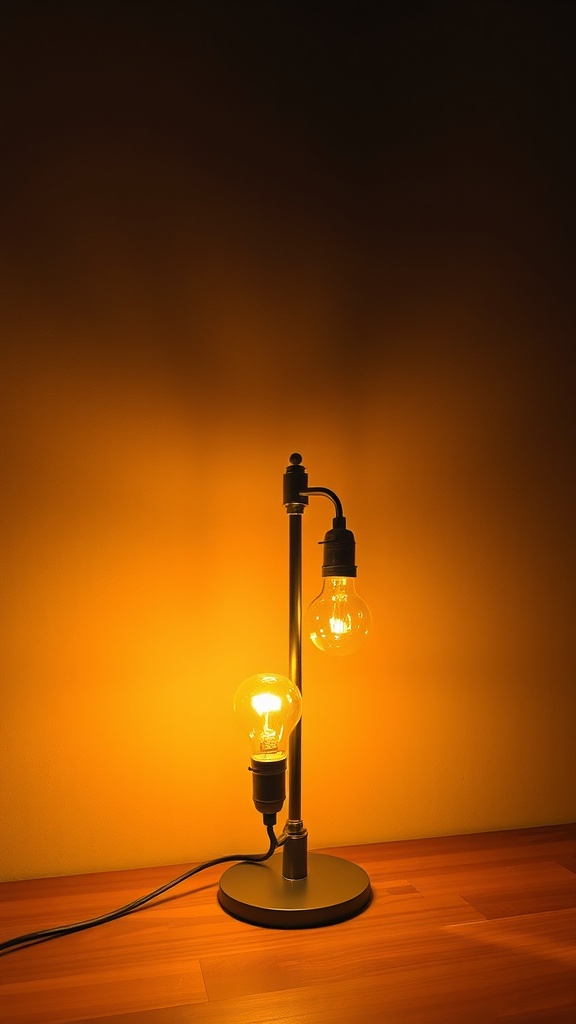 A stylish table lamp with two bulbs emitting a warm glow against a wall.