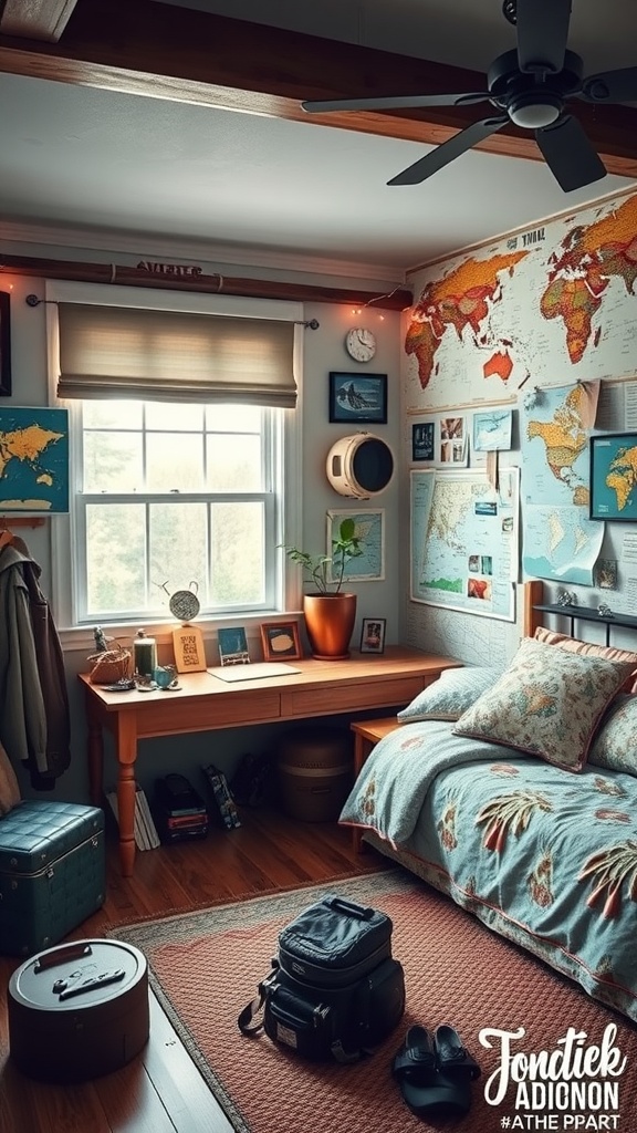 A cozy adventure-themed bedroom with a world map on the wall, blue bedding, and travel-related decor.