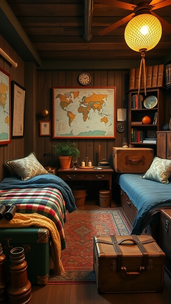 A cozy vintage boys bedroom with two beds, maps on the walls, and vintage suitcases