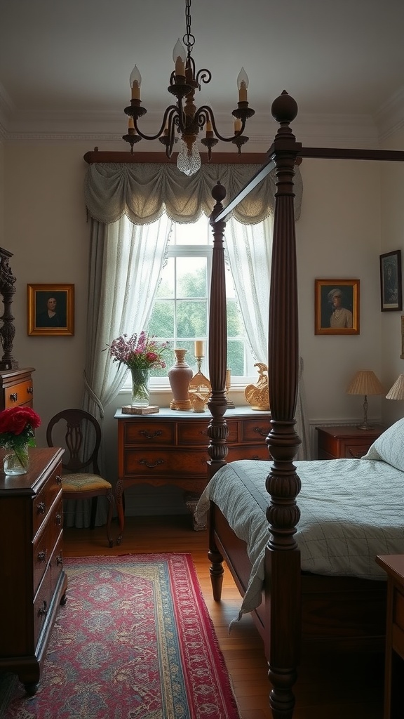 A vintage bedroom featuring a four-poster bed, antique furniture, and a chandelier.