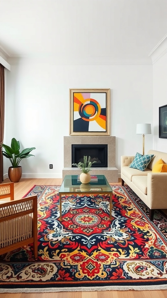 A brightly colored area rug in a living room with a modern coffee table and comfortable seating.