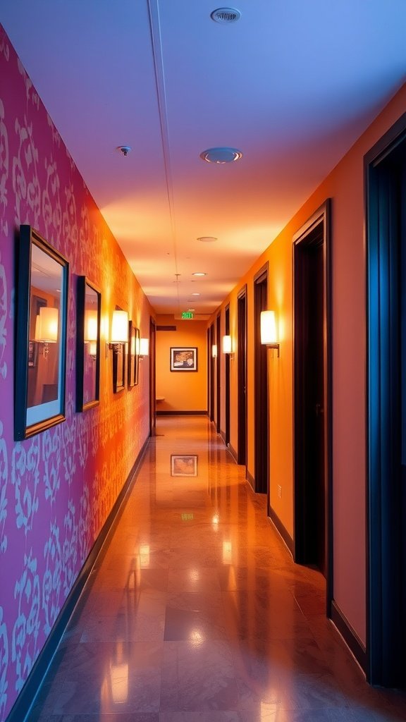 A vibrant hallway featuring colorful walls and stylish lighting.