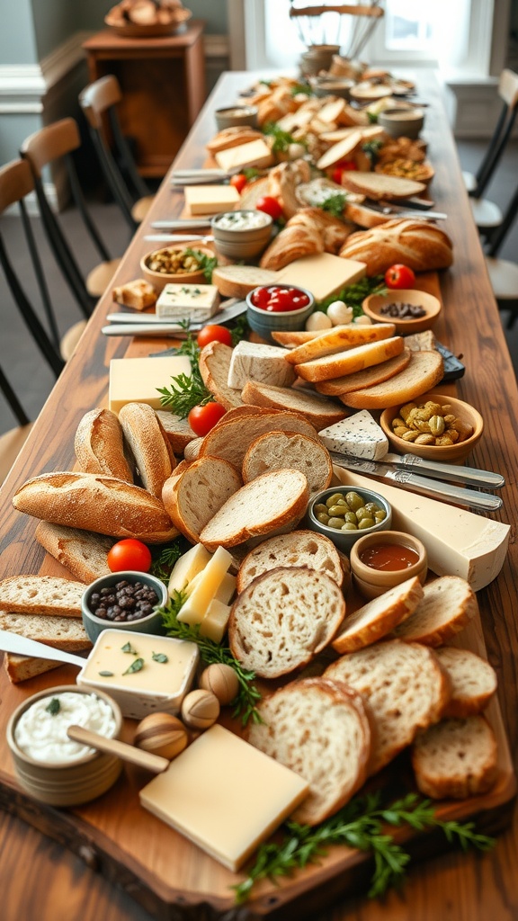 A beautifully arranged artisan bread and cheese board with various breads, cheeses, olives, and tomatoes.