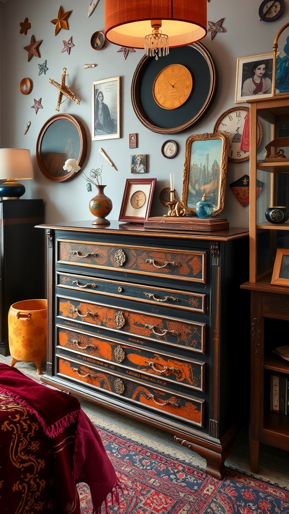 A stylish bedroom dresser with unique handles, featuring an artistic design in black and orange.