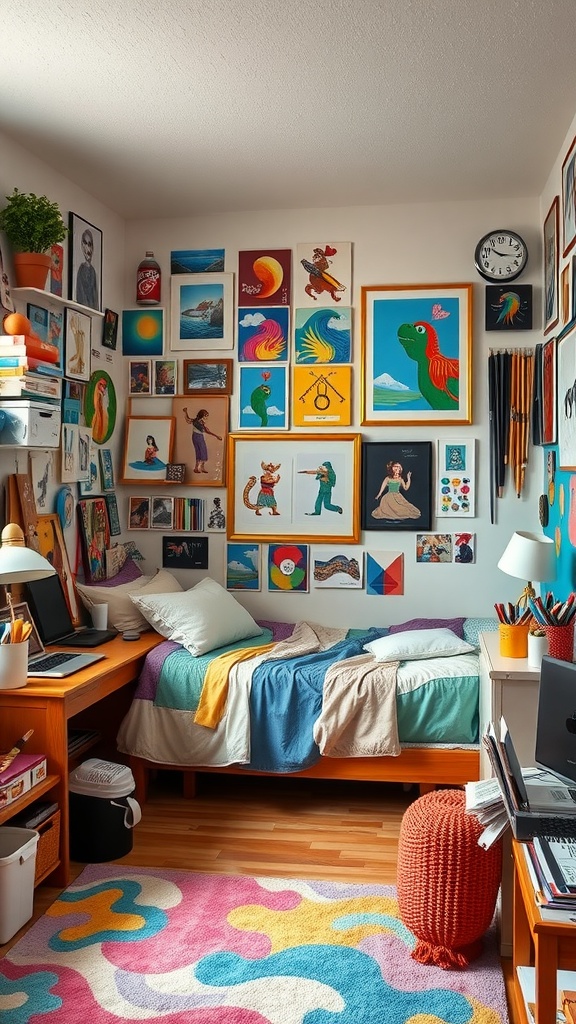 A cozy bedroom with colorful artwork on the walls, a neatly made bed, and a workspace with a laptop.