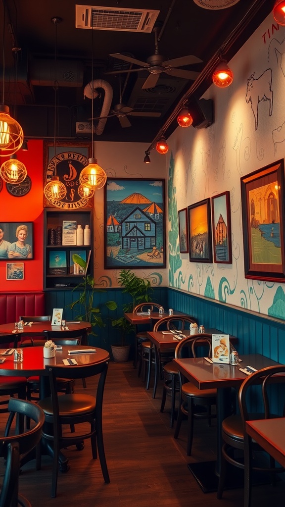 A cozy restaurant interior featuring local artwork on the walls, colorful decor, and well-arranged tables.