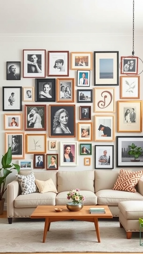 A cozy living room featuring a gallery wall with various framed photos and art pieces, alongside a comfortable sofa and coffee table.