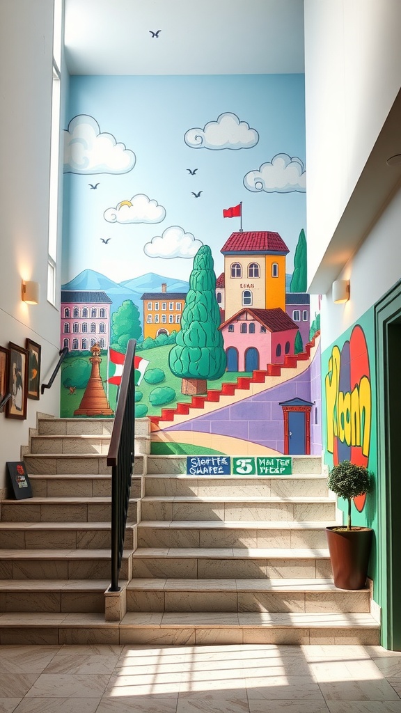 Colorful mural on a stairway wall with trees, buildings, and clouds.