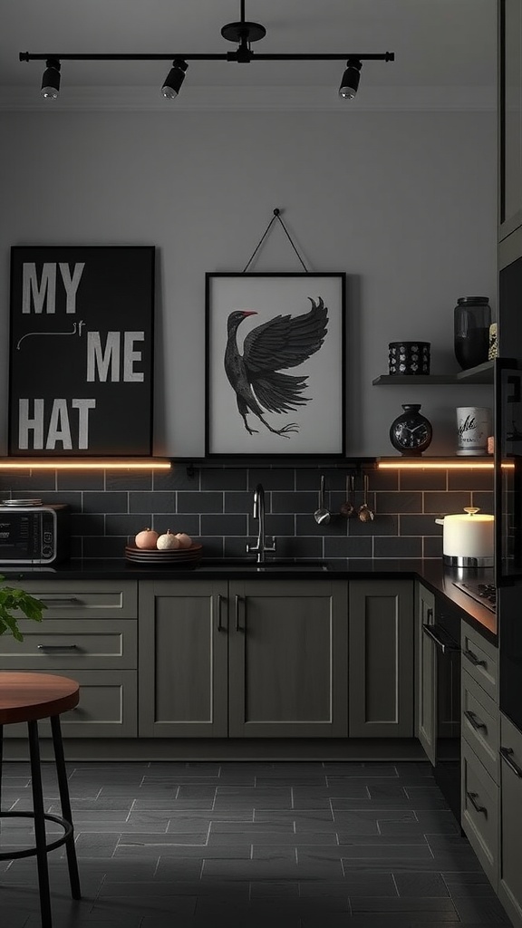 Dark kitchen with artistic wall decor featuring bold prints and modern design.