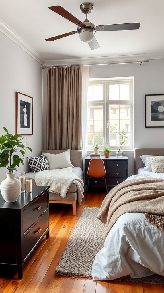 A cozy bedroom setup with a modern aesthetic, featuring a bed, nightstand, and seating area.