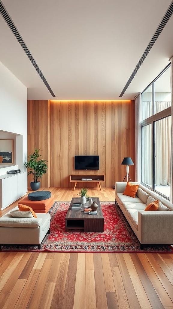 A stylish long rectangle living room featuring comfortable sofas, a coffee table, and a vibrant rug.