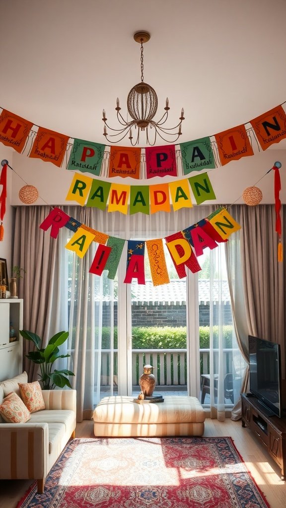 Colorful Ramadan banners and garlands hanging in a living room