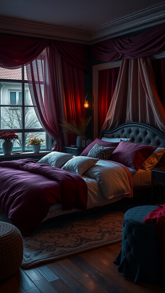 A cozy bedroom featuring berry-toned layers with warm ambient lighting and stylish decor.