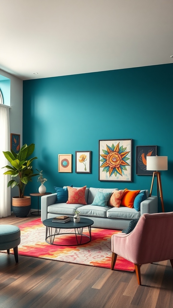 A vibrant living room featuring a teal accent wall, colorful pillows, and artwork, creating a lively atmosphere.