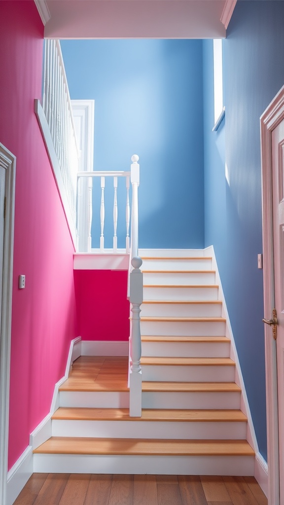 Stairway with a bold pink and blue accent wall