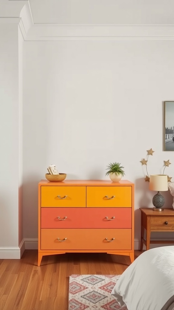 Colorful orange gradient dresser in a stylish bedroom