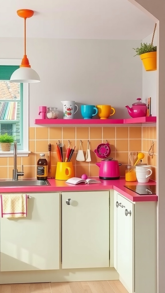 A bright and colorful kitchen with pink laminate countertops and various colorful kitchenware.