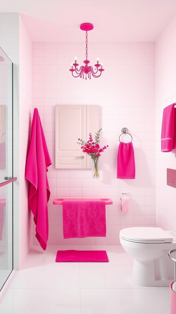 A vibrant pink bathroom featuring fuchsia accents, including towels, a chandelier, and decorative elements.