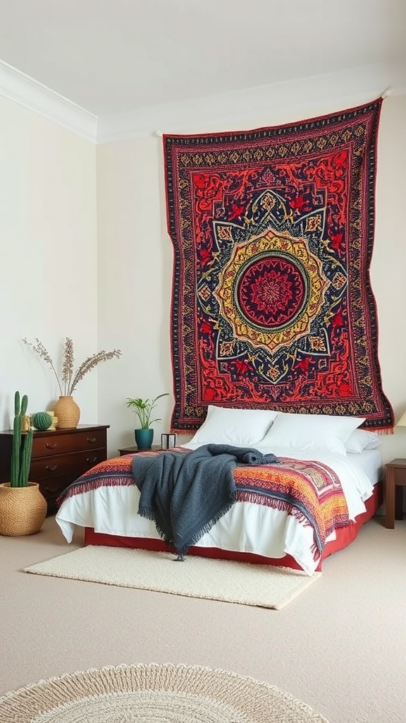 A colorful tapestry hanging on a wall above a neatly made bed with decorative pillows and a cozy throw blanket.