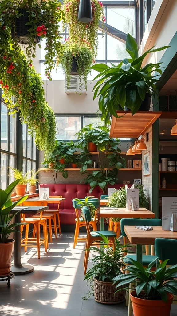 Bright restaurant interior with plants and greenery.