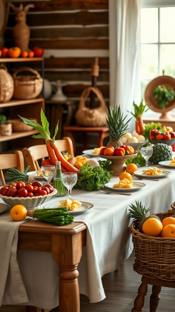 A beautifully decorated table with fresh fruits and vegetables for a baby shower theme.