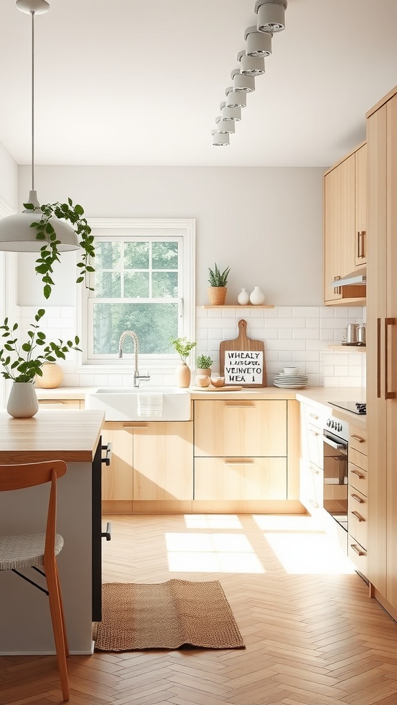 A bright Scandinavian kitchen with light wood cabinets, a white sink, and plants.