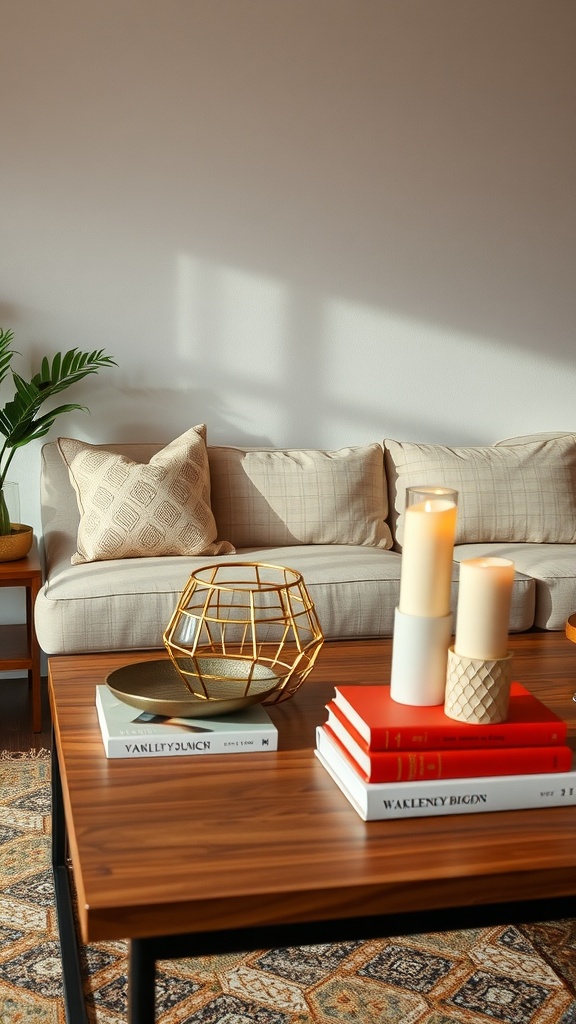 Bright living room with a cozy sofa, decorative cushions, a stylish coffee table featuring candles, books, and a golden wire bowl.