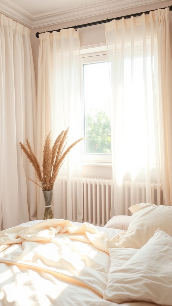 A bright bedroom featuring sheer curtains, a cozy bed with light linens, and a vase of decorative grass.