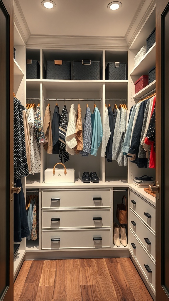 An organized built-in closet with clothes hanging and drawers