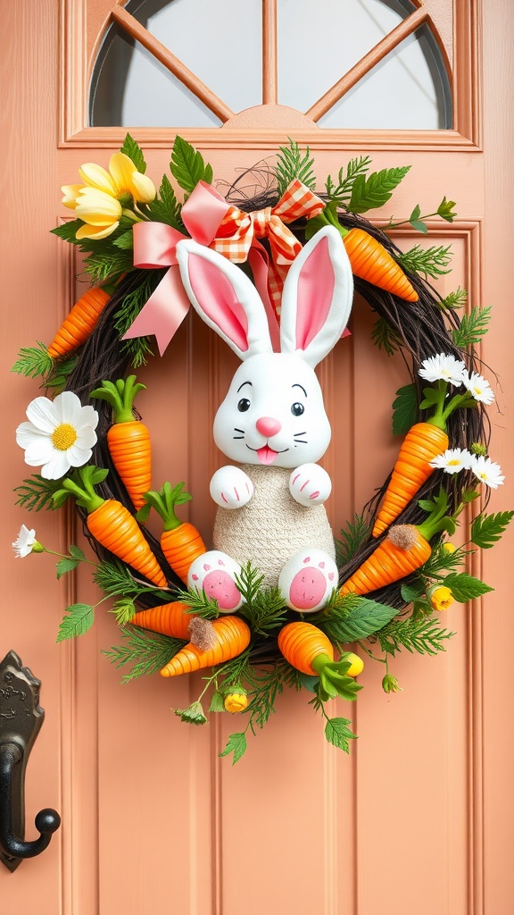 A colorful spring wreath featuring a bunny and carrots, adorned with flowers, hanging on a peach-colored door.