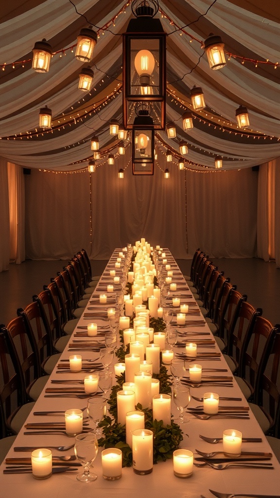 A long table beautifully decorated with candles and lanterns, creating a cozy atmosphere.