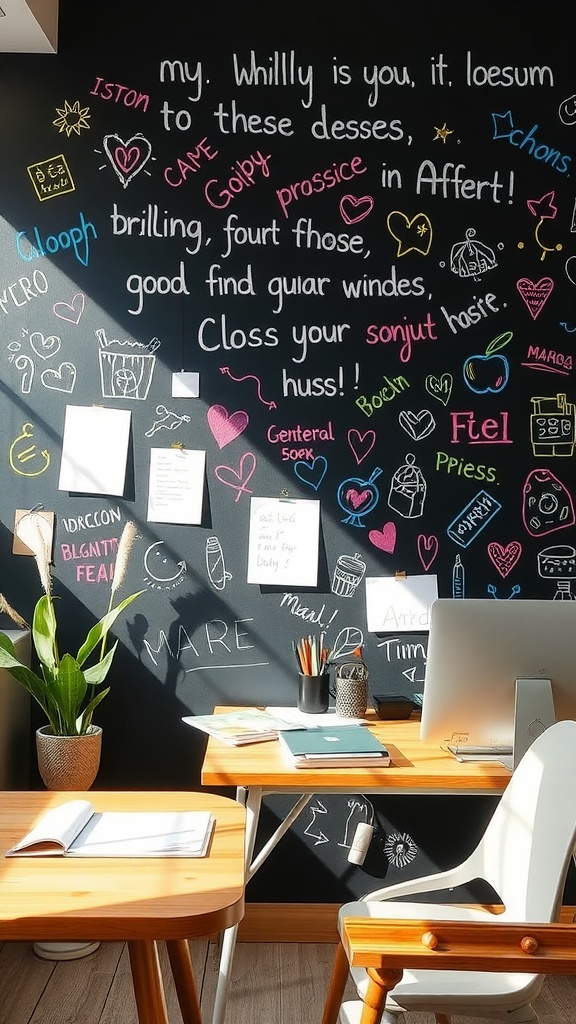 A chalkboard wall filled with colorful doodles and notes, with a cozy desk setup nearby.