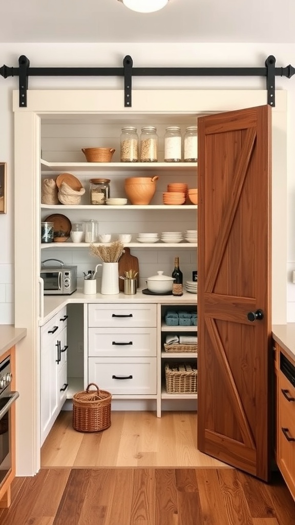 A barn door pantry with wooden shelves filled with kitchen items and a cozy appearance.