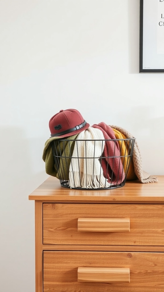 A wire basket filled with hats and scarves on a wooden dresser.