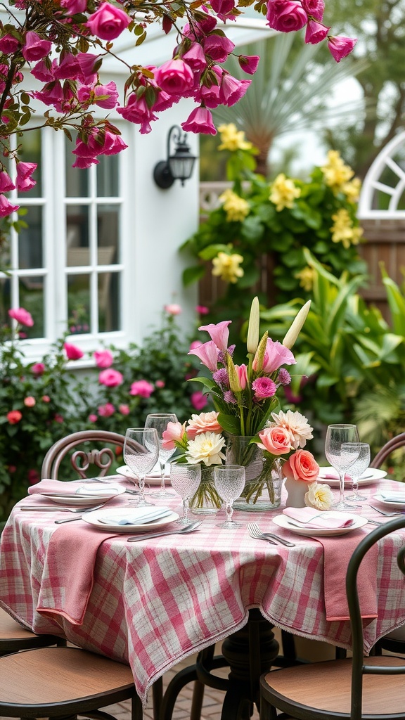 A beautifully arranged garden tea party table with floral decorations and a checked tablecloth.