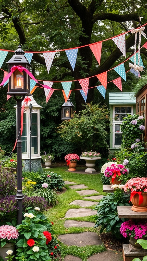 Colorful garden decor with bunting and flowers for a tea party.