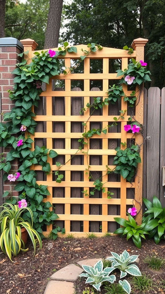 A charming wooden lattice fence adorned with green vines and colorful flowers.