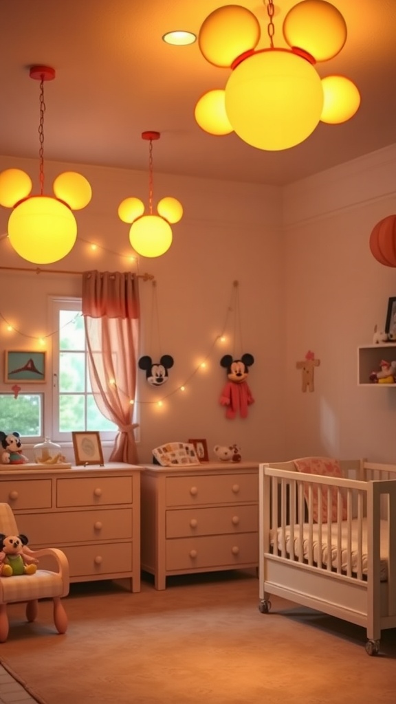 A cozy nursery with whimsical Mickey Mouse light fixtures illuminating the room.