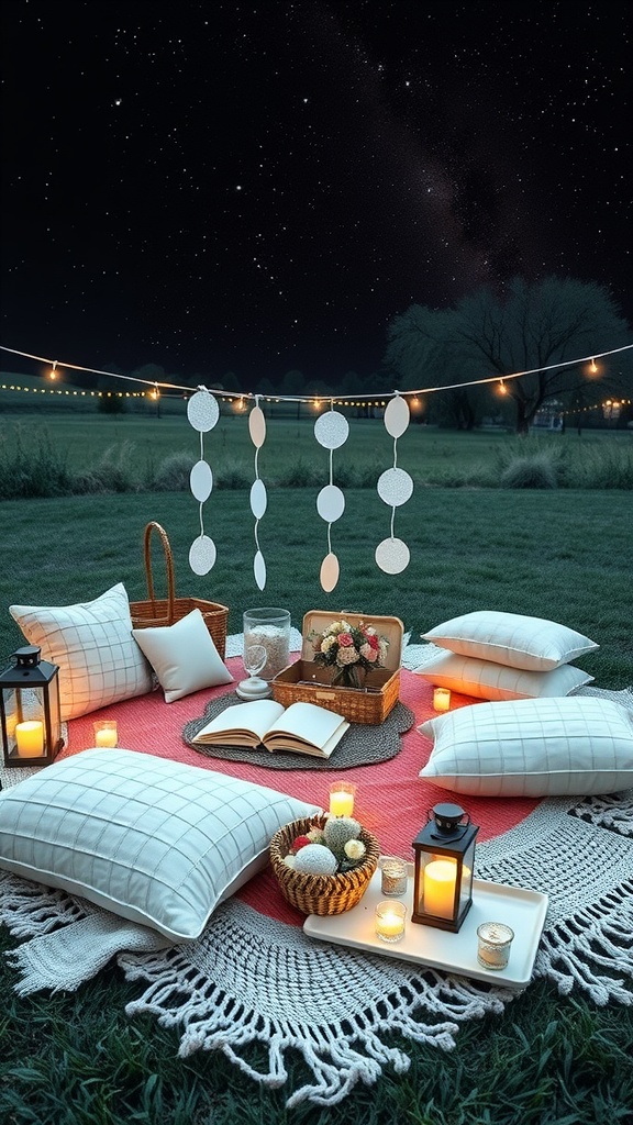 A charming picnic setup with pillows, lanterns, and flowers under a starry night.