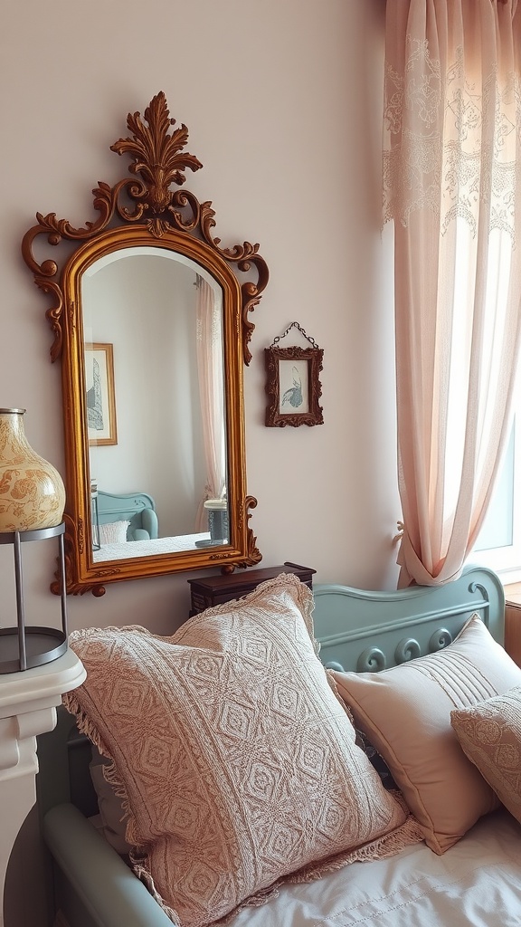 A cozy bedroom featuring a vintage mirror, soft pillows, and delicate curtains.