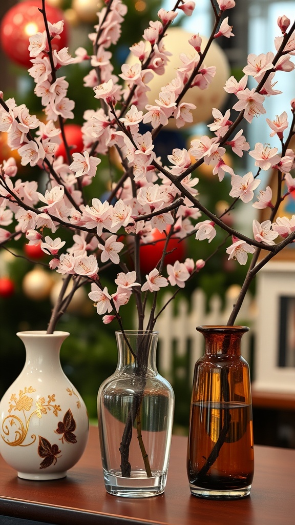 Three vases with cherry blossoms arranged in them, showcasing different styles and colors.